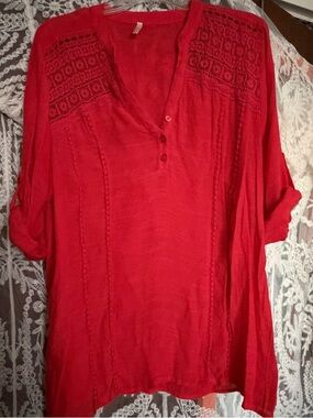 Coral Crochet-Yoke Women's Tunic Top
